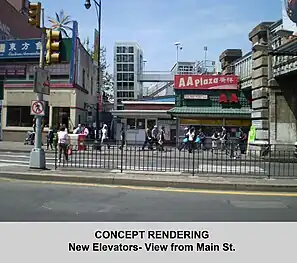 Rendering for planned elevator at Flushing station (street view)