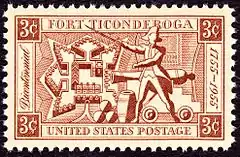 A stamp, red ink on white background. The corners are labeled "3c" in reverse. A banner across the top reads "Fort Ticonderoga", one across the bottom reads "United States Postage". A banner down the left side reads "Bicentennial" in italic script, and one on the right reads "1755–1955". Imagery in the center of the stamp includes a diagram of the fort's layout, a colonial soldier brandishing a sword, and a cannon and cannonballs.