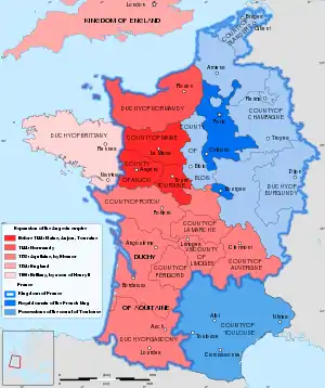 Multi-coloured map of 12th-century France and southern England