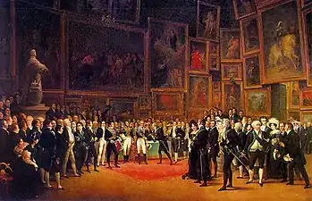 Charles X presents awards to artists at the 1824 Salon in the Louvre, by François Joseph Heim