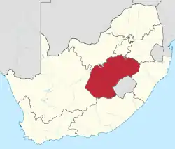 Map showing the location of the Free State in the central part of South Africa