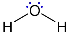 A lewis structure of a water molecule, composed of two hydrogen atoms and one oxygen atom sharing valence electrons