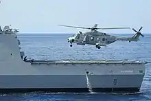 NH90 helicopter of the French Naval Aviation landing on the FREMM multipurpose frigate Auvergne.