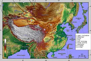 Map of Bronze Age China; the Siwa culture area is similar to the Qijia culture (#3)