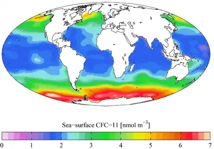 "Present day" (1990s) sea surface CFC-11 concentration