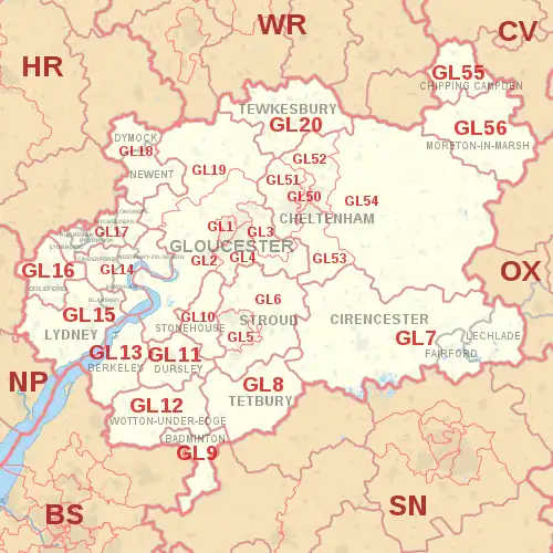 GL postcode area map, showing postcode districts, post towns and neighbouring postcode areas.