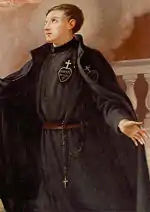 A depiction of Saint Gabriel of Our Lady of Sorrows wearing the Passionist Habit. The Passionist Sign, part of the Habit, is on his chest.