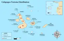 A map of the Galápagos with labels for names of the islands and their native species of tortoises.