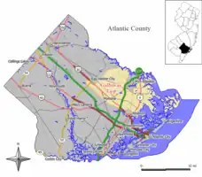 Location of Galloway Township in Atlantic County highlighted in yellow (left). Inset map: Location of Atlantic County in New Jersey highlighted in black (right).