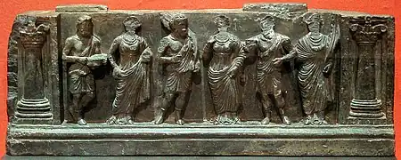 A Gandharan Buner relief of a stair riser with devotees (1st-2nd century CE), Victoria and Albert Museum collection