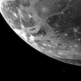 Icy surface of Ganymede as photographed from 253,000 km