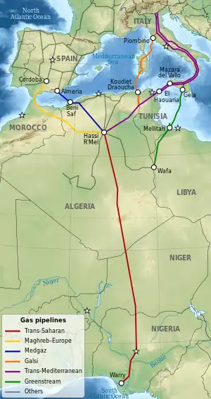 Location of Maghreb–Europe Gas Pipeline (in yellow)