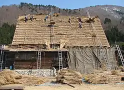 Repairing thatch, Gassho-zukuri farmhouse, Japan