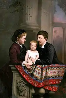 Isabel, Princess Imperial of Brazil (in dark purple dress) with her husband Prince Gaston and their son, the Prince of Grão-Pará at purple dusk  (1877)