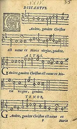 The first page of "Gaudete" (Latin for “rejoice”), a sacred Christmas carol published in Piae Cantiones (1582). This songbook had mostly religious songs, some which were mixed language with both Latin and Swedish.