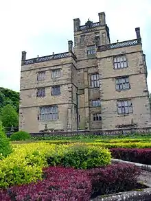 The rear of Gawthorpe Hall, with a portion of the rear gardens