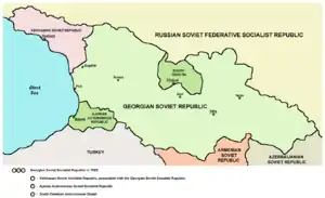 Map of Georgia in 1922, showing the autonomous regions of Abkhazia, Adjara, and South Ossetia