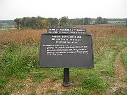 Photo shows the Robertson's Brigade marker at the Gettysburg National Military Park.