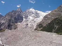 glacier flowing steeply downhill from Mont Blanc