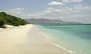 View of the west coast of Gili Meno looking south — Lombok is in the distance