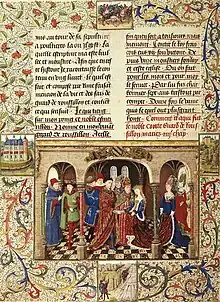 A page of the Roman de Girart de Roussillon (1450). Both vermilion and minium, or red lead, were used in Medieval manuscripts. Vermilion, as expensive as gilding, was usually reserved for the most important illustrations or designs.