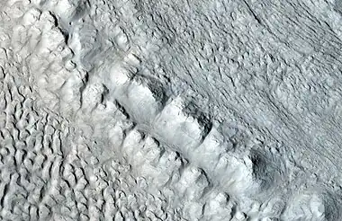 Enlargement of area in rectangle of the previous image. Interpreted as the terminal moraine of a glacier. Picture taken with HiRISE under the HiWish program.  Image from Ismenius Lacus quadrangle.