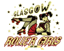 Logo is red, white and cream of a woman with black hair in high pigtails, wearing fishnets and reclining in front of the 'Glasgow Roller Girls' name