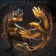 A T-Rex and Phoenix dressed in gold in front of a golden circle on a grey background