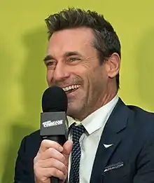 Jon Hamm on a 2018 panel for the Good Omens miniseries