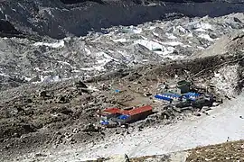 Looking down on Gorak Shep, Khumbu behind it