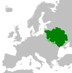 The Grand Duchy of Lithuania at the height of its power in the 15th century with claimed territory shown in light green