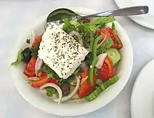 Choriatiki, a Greek salad typically served at a taverna.