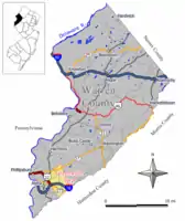 Location of Greenwich Township in Warren County highlighted in yellow (right). Inset map: Location of Warren County in New Jersey highlighted in black (left).