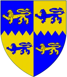 Arms of Gregory Cromwell, 1st Baron Cromwell: Quarterly, per fess, indented, azure and or, four lions passant counterchanged