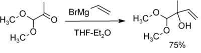 Reaction of CH3C(=O)CH(OCH3)2 with H2C=CHMgBr