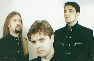 The 1993-1995 Ruž lineup, from left to right: Dejan Grujić, Vuk Rosandić, and Zoran Tomašević.