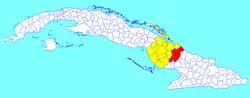 Guáimaro municipality (red) within  Camagüey Province (yellow) and Cuba