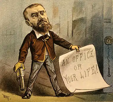 Image 10Charles J. GuiteauCartoon: James Wales; Restoration: JujutacularAn 1881 editorial cartoon of Charles J. Guiteau, an American lawyer who assassinated President James A. Garfield on July 2, 1881. Guiteau, depicted here holding a note that reads "An office or your life!", believed himself to be largely responsible for Garfield's victory, and demanded an ambassadorship in return, but his requests were rejected. Despite the use of the insanity defense in his trial, he was found guilty and executed by hanging on June 30, 1882.More selected pictures