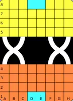 8×4 player areas, two "X" bridges. A player entering the right bridge at F4 may travel to F5 or H5, but not H4.