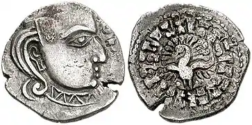 Silver head of Skandagupta, peacock on reverse, 455-467. Style of the Western Satraps.