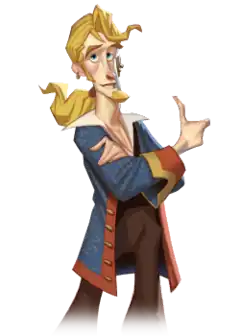 A young man with blonde hair tied in a ponytail, blue eyes and a goatee beard, wearing a blue pirate coat. A small earring is worn in his right ear.