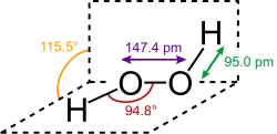 .mw-parser-output .template-chem2-su{display:inline-block;font-size:80%;line-height:1;vertical-align:-0.35em}.mw-parser-output .template-chem2-su>span{display:block;text-align:left}.mw-parser-output sub.template-chem2-sub{font-size:80%;vertical-align:-0.35em}.mw-parser-output sup.template-chem2-sup{font-size:80%;vertical-align:0.65em}O−O bond length = 147.4 pm .mw-parser-output .template-chem2-su{display:inline-block;font-size:80%;line-height:1;vertical-align:-0.35em}.mw-parser-output .template-chem2-su>span{display:block;text-align:left}.mw-parser-output sub.template-chem2-sub{font-size:80%;vertical-align:-0.35em}.mw-parser-output sup.template-chem2-sup{font-size:80%;vertical-align:0.65em}O−H bond length = 95.0 pm