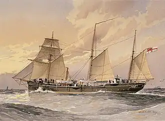 HMS Thrush, a gun boat with sails, at sea