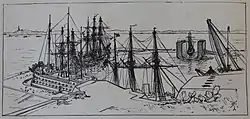 HM Dockyard as seen from the Keep by Ana Brassey in 1883, with two warships and the floating drydock