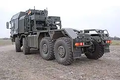 Rear three-quarter shot showing winch assembly of an HX81 tank transporter