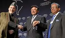 Image 26Chief Advisor Fakhruddin Ahmed with presidents Hamid Karzai of Afghanistan and Pervez Musharraf of Pakistan, at the World Economic Forum (from History of Bangladesh)