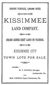 A black and white image of a land sale notice announcing 4 million acres (16,000 km2) purchased by Hamilton Disston; 20,000 acres (81 km2) are up for sale, specifically featuring town lots for sale