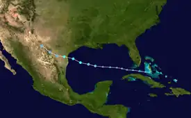 Map plotting the track and the intensity of the storm, according to the Saffir–Simpson scale