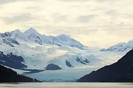 Passage Peak (left) from the northeast viewed with Harriman Glacier