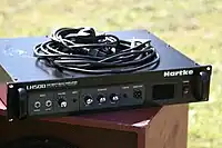 A Hartke bass amplifier unit. This is only the amplifier electronics. It has to be plugged into a bass speaker cabinet to produce sound.